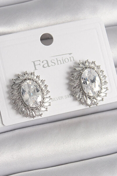 USLUCAN ALIŞVERİŞ Brass Silver Color Zircon Stone Women's Earrings
