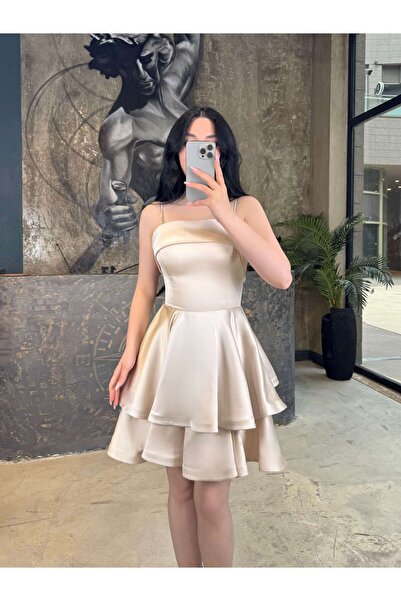 missswans Rena Taş Askılı Arkası Bağcıklı Eteği Kloş Katlı Mini Boy Saten Elb...
