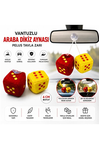 Wibo Peluş Tavla Oyun Zarı Vantuzlu Dikiz Aynası Süsü Sarı Kırmızı Zar 2 Adet...