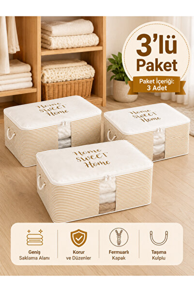 Timburly 3 Adet Home Sweet Home Yazılı Bej Altın En Çizgi Düzenleyici Hurç 21...
