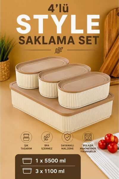 Herza House 4-Piece Storage Container Set Striped Beige |   3 X 1100 ml - 1 X...