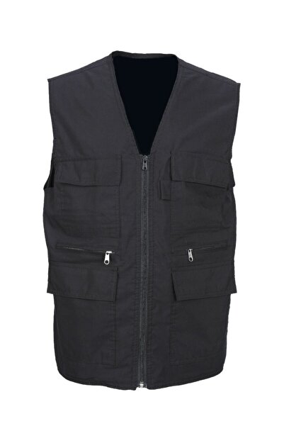 Sanalbolluk Mega Battal Beden Çok Cepli Astarsız Yazlık Kumaş Yelek Siyah Renk