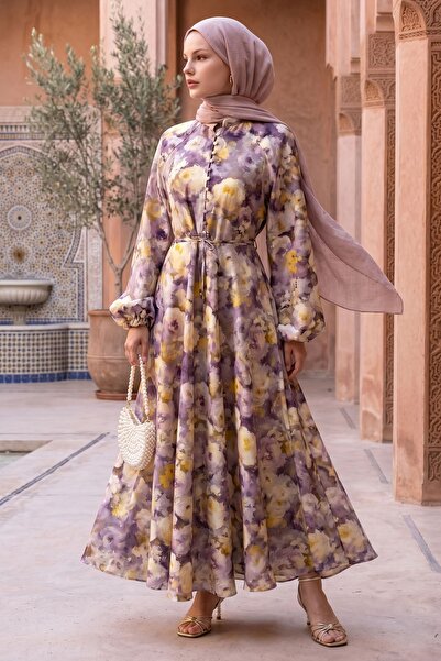 InStyle Button Detail Pastel Floral Lilac Dress
