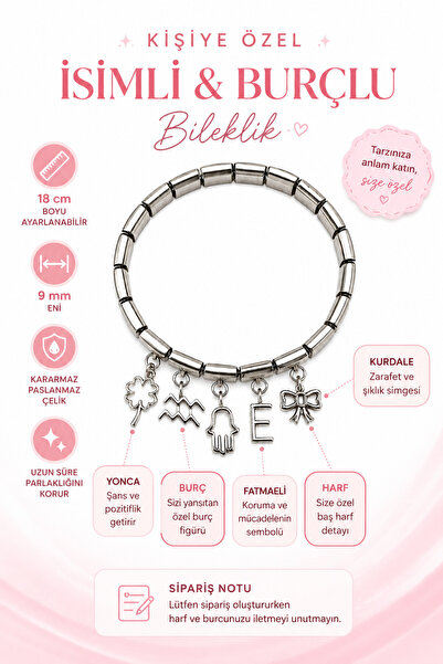 Lav Aksesuar Kişiye Özel Harf & Burç Charm Çelik Bileklik – Ayarlanabilir 5’l...