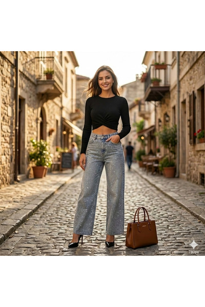 Taşlı kot pantolon açık mavi