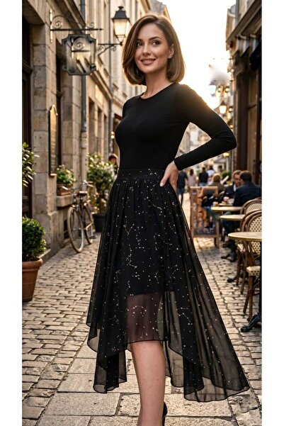 Olea Asymmetrical Black Lame Printed Skirt