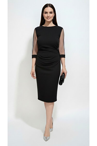 Veline Rochie elegantă neagra, midi, pliuri laterale, mâneci transparente, ma...