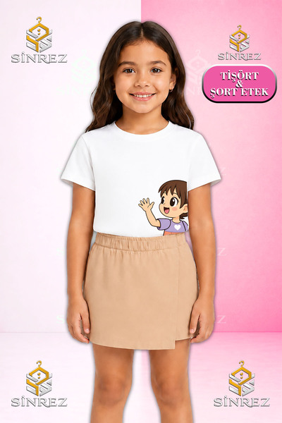 SİNREZ Girl's Set Girls Left Side Printed Short Sleeve T-Shirt Shorts Skirt