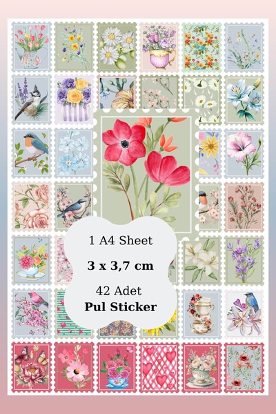 Mişomi Atölye Vintage Pul Sticker Seti | Floral & Kuş Temalı Pul Sticker | Sc...