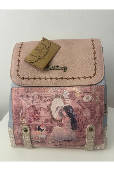 Sweet Candy Wide Backpack for Women with Doll Design, Front and Back Pocket