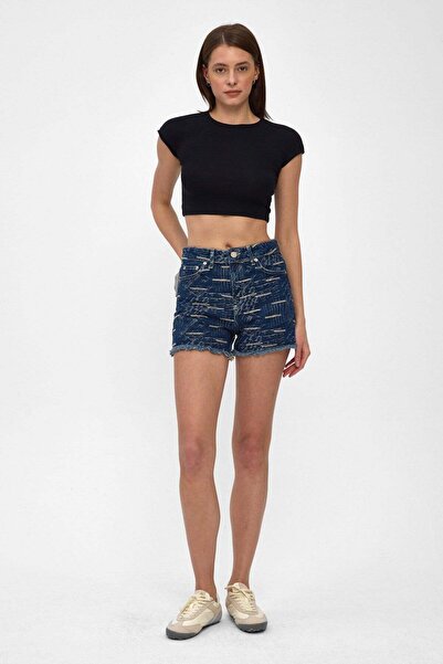 Denim Date Urban Line - Kadın Tintli Jakarlı İndigo Şort-42