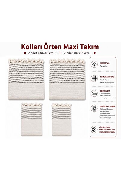 Mandaş Cream Gray - Cotton Non-Slip Wicker Woven Armrest Covering Maxi Set So...