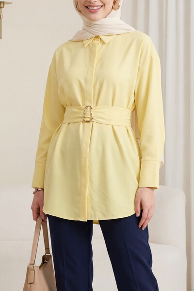 Modamorfo Poplin Tunic with Buckle Belt, Double Cuff Sleeves and Hidden Butto...