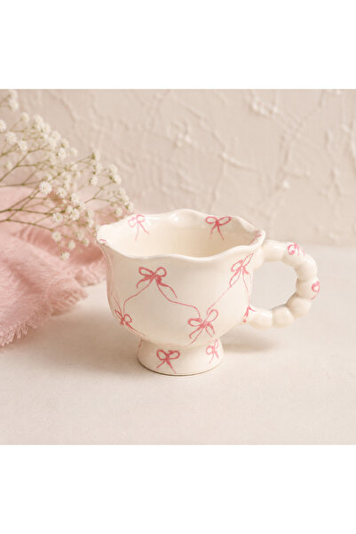 Çağ Seramik Bow Patterned Handmade Ceramic Mug - Coffee Cup with Pink Handle