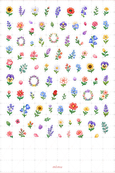 Mimu Art Studio Pixel Art Çiçek Sticker Seti Floral Bahar Temalı Dekoratif 2'...