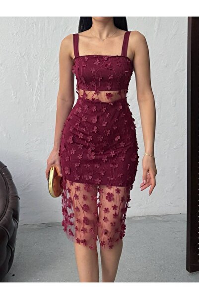 LOKADI 3D Floral Detailed Tulle Transparent Midi Length Evening Dress