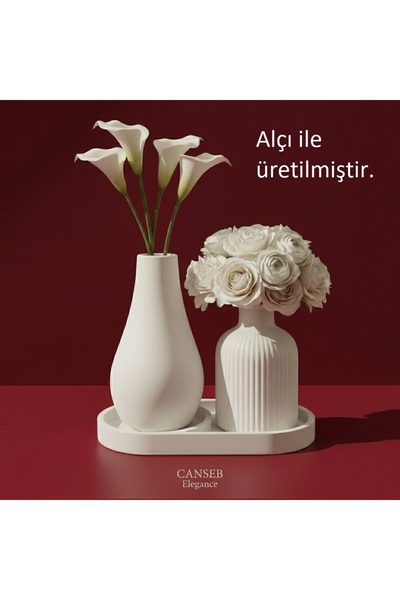 CANSEB Elegance Triple Decorative Pampas Flower Vase Set 13cm - 10cm - 17cm Tray