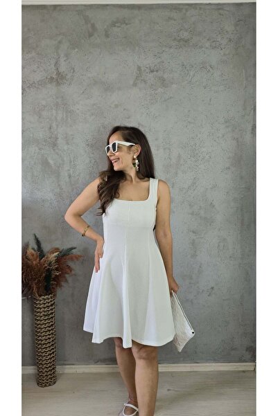 Butik OTTOMAN KUMAŞ KARE YAKA ELBİSE BEYAZ