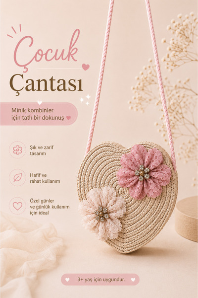 Selvira Geantă model inimă din paie pentru fetiță, cu detaliu floral, curea d...