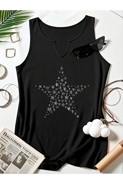 Deocept Women's Star Printed Half V-Neck Sleeveless Regular Fit Casual T-Shirt
