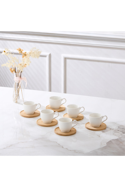 Malooki Set of 6 Groove porcelain espresso cups with Bamboo saucers, 90ml, white