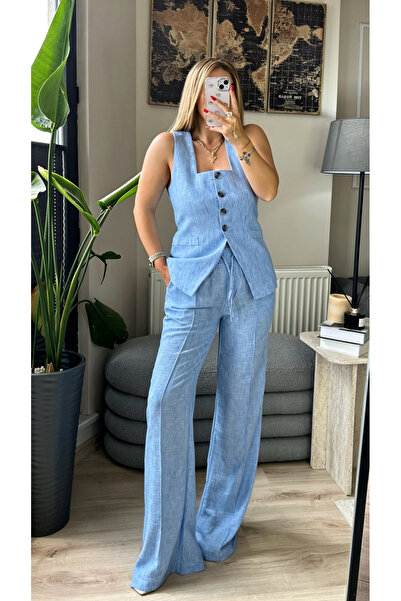 SMGBUTİK Keten Mavi 2li Takım Pantalon Beli Lastikli
