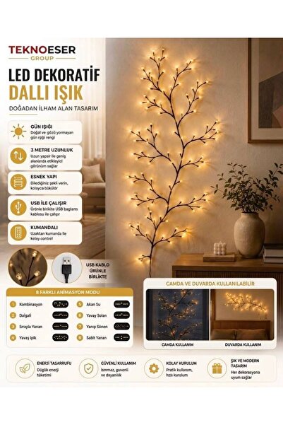 TeknoEser 3 Metre Kumandalı Gün Işığı Dallı Led Işık 8 Modlu Yapay Sarmaşık C...