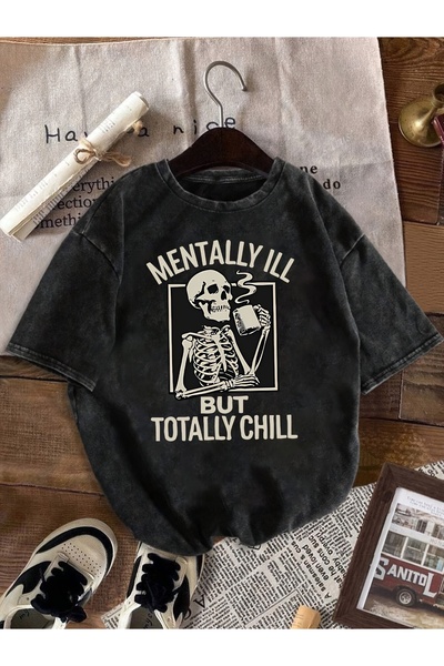 121 "Crazy but Awesome" T-Shirt, Comfortable Skull Print T-Shirt, Washed and ...
