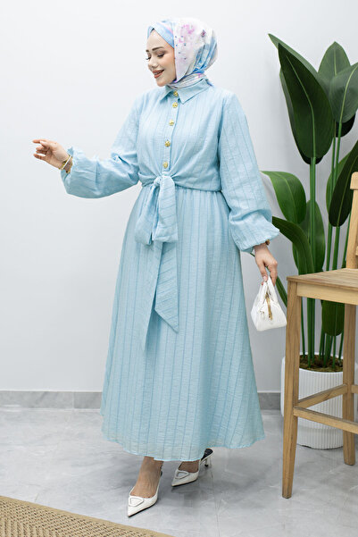 Tesettür Dünyası Balloon Sleeve Tie Detail Skirt Suit Tsd260226 Blue