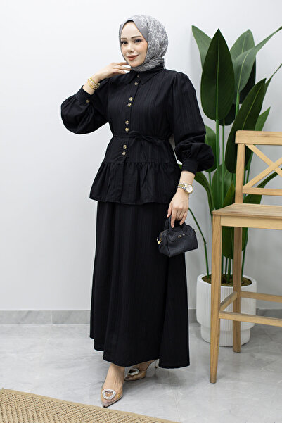 Tesettür Dünyası Ruffle Detailed Waist Drawstring Skirt Suit Tsd260220 Black