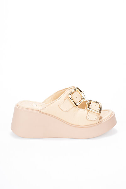 SEEM Cara Genuine Leather Wedge Heeled Beige Slippers