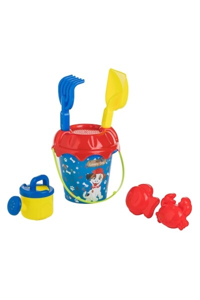 OEM Găleată de plajă albastră și roșie cu figurină câine Ø17x21cm și 5 accesorii