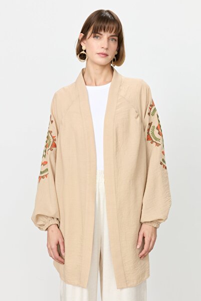 Nihan Nakış Detaylı Keten Kimono - Taş