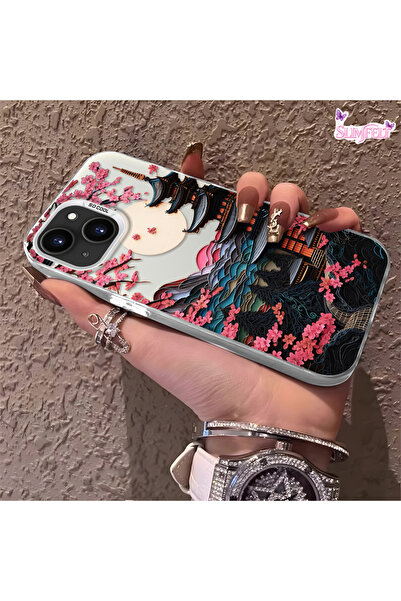 SLIMFELT iPhone 15 Uyumlu Sakura ve Fuji Dağı Kılıf, Günlük Kullanım İçin Uygun