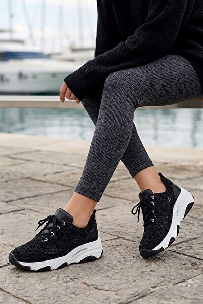 sefayol Lorayne Black White Sole Knitwear Women's Sports Shoes