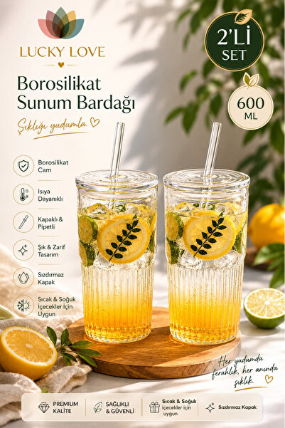 Lucky Love Borosilikat Sunum Bardağı, Kapaklı Pipetli Bardak, Kahve Bardağı, ...