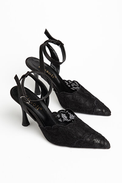 RİSSOLİ Women's Black Lace Detailed Thin Heeled Shoes