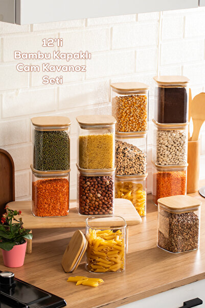 Porsima 5-4 Bamboo Vacuum Lid Square Borosilicate Glass Jar Set of 12 Storage...