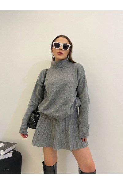 POİNE Women's Turtleneck Knitwear Skirted Stylish Top-And-Bottom Set