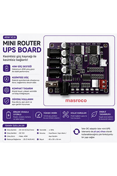 MASROKİT 40W DC Mini UPS Sistemi – 3S BMS Korumalı ve XL6009 Boost Regülatör ...