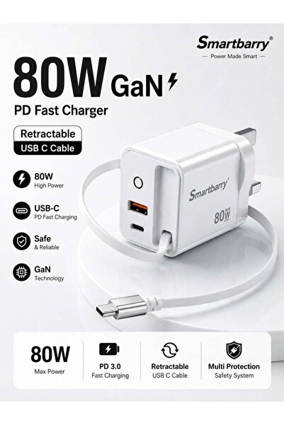 SMART BARRY شاحن سريع بتقنية GaN PD بقوة 80 واط مع كابل قابل للسحب مدمج، شاحن...