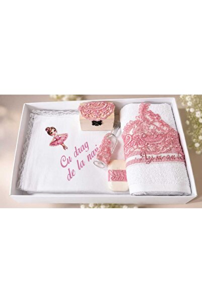 HUGBEBE Trusou de botez, set de 7 piese, Balerina roz, cu panza muselina dant...