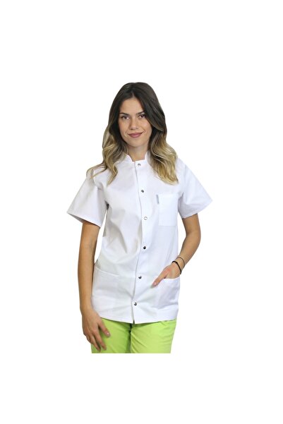 RUNI Women's chef's tunic, white, with short sleeves, simple snap closure