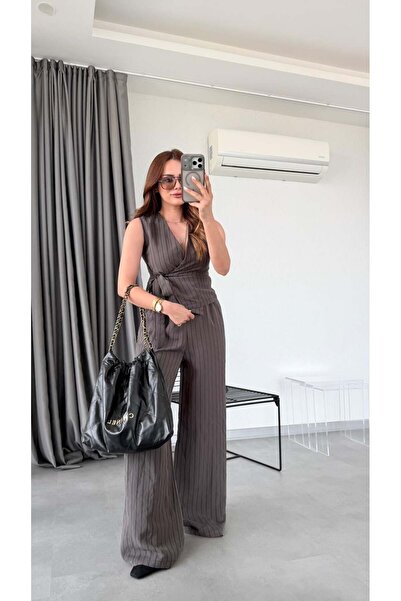 pelin yıldız butik Kahve Ivera Kruvaze Bağlama Detaylı Çizgili Takım