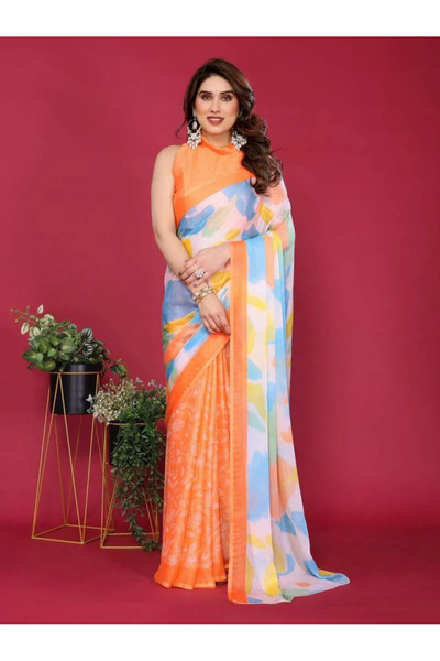 Generic Ready To Wear Chiffon Silk Saree, Women's Moss Chiffon Silk Printed S...