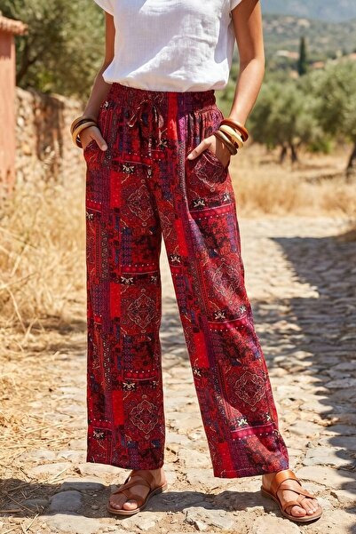 Azıcık Akıllı Women's Burgundy Paisley Anatolian Motif Comfortable Flowy Wide...