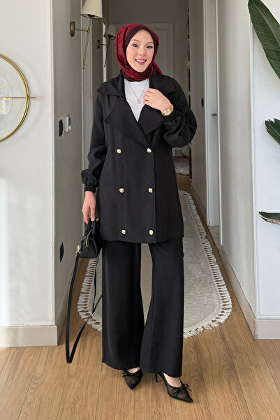 Tesettür Diyarı Hely Thin Crepe Fabric Casual Jacket-Pants Hijab Suit - Black