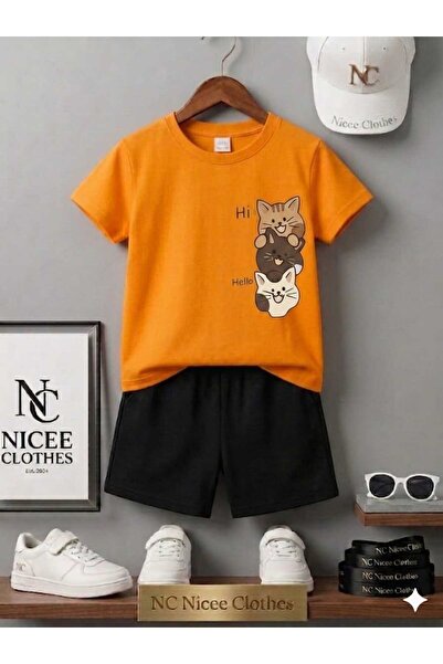 NC Nicee Clothes Summer Children's T-Shirt Shorts Unisex (Vertical Three Cats)