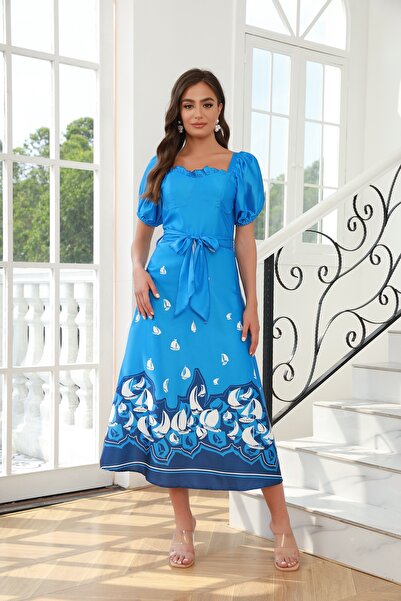 Independent Elegant Blue Nautical Print Midi Dress with Belted Waist