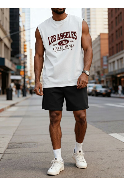 ship master Men's Black Sleeveless Oversize Shorts Set 100% Cotton Los Angele...